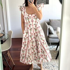 Hill House Floral Ruffle-Sleeve Midi Dress in White and Red